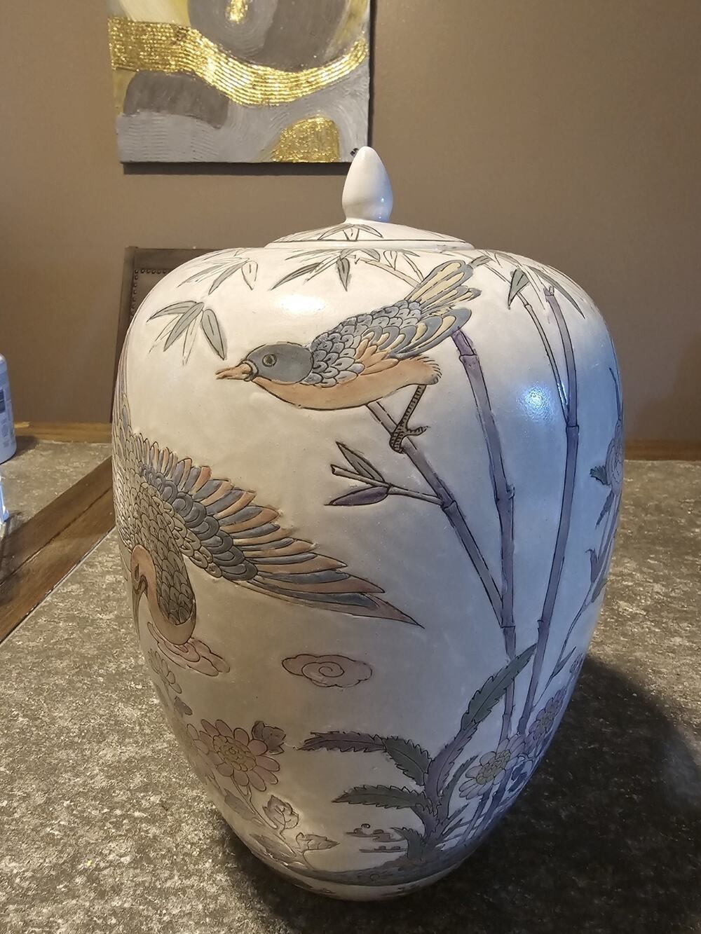 Vintage Hand Painted Porcelain Chinoiserie Ginger Jar 13x8 Inches with Lid